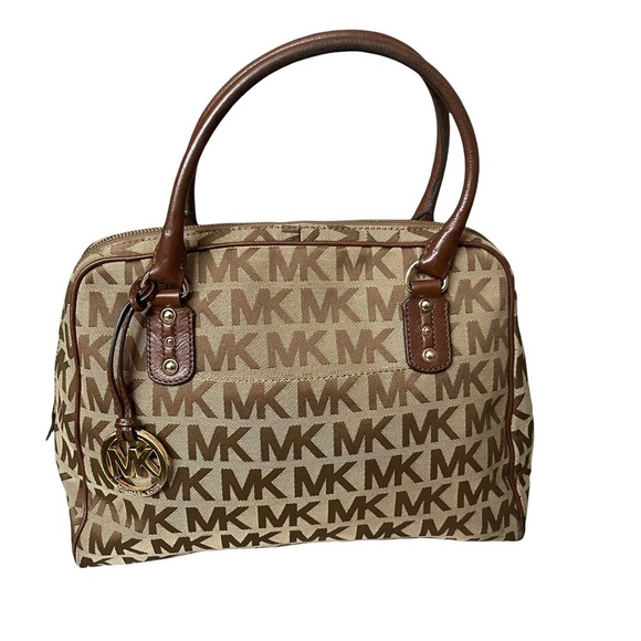 Michael Kors MK Signature Large Satchel Brown & Tan Jacquard Bag - Picture 1 of 15